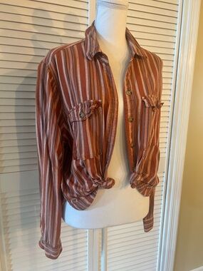Aeropostale Striped Shirt Jacket in Rust, Cream, and Brown